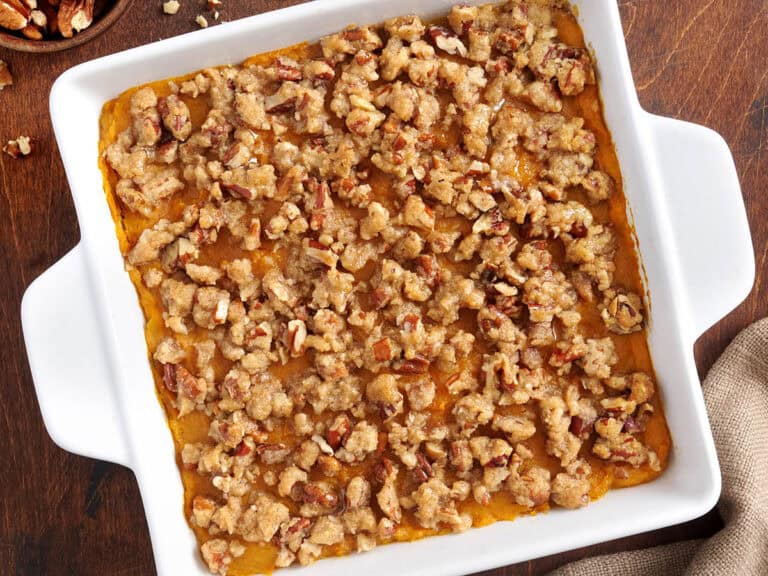 Overhead view of sweet potato casserole in a baking dish.