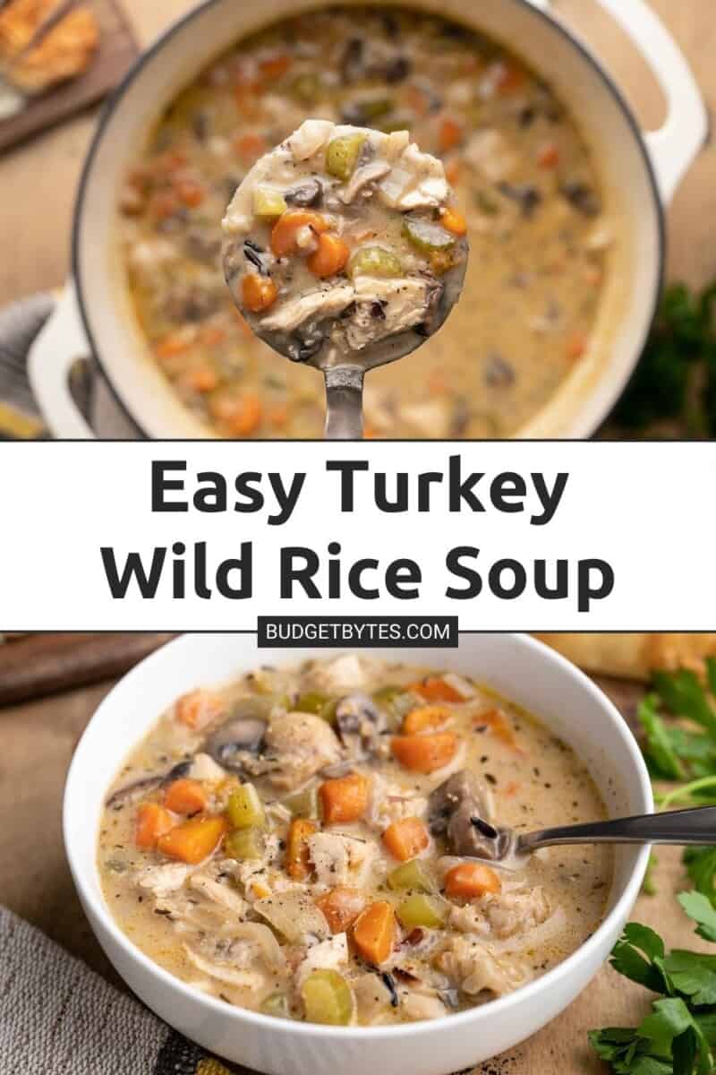 Collage of two photos of turkey and wild rice soup.