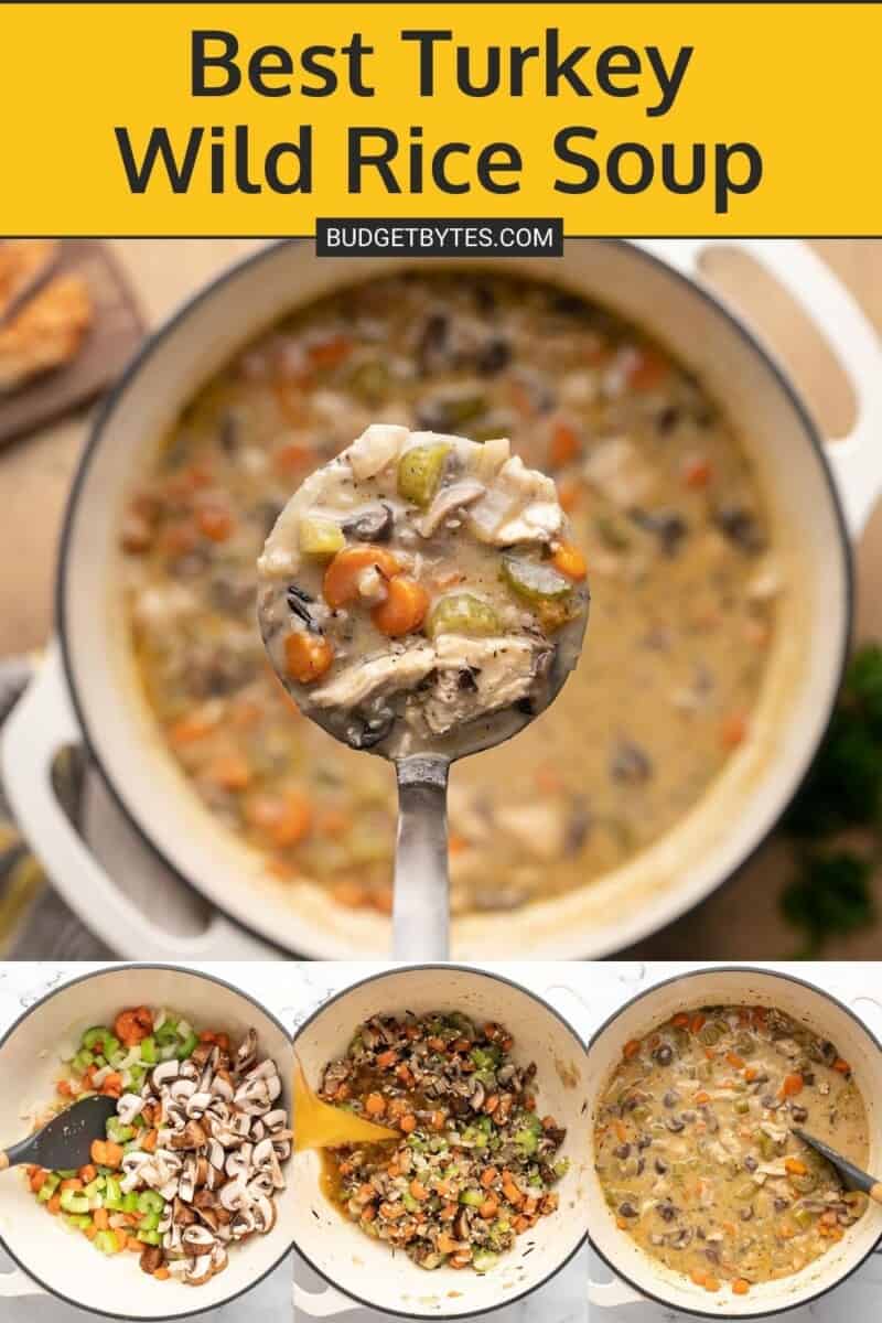 Collage of cooking photos for turkey and wild rice soup.