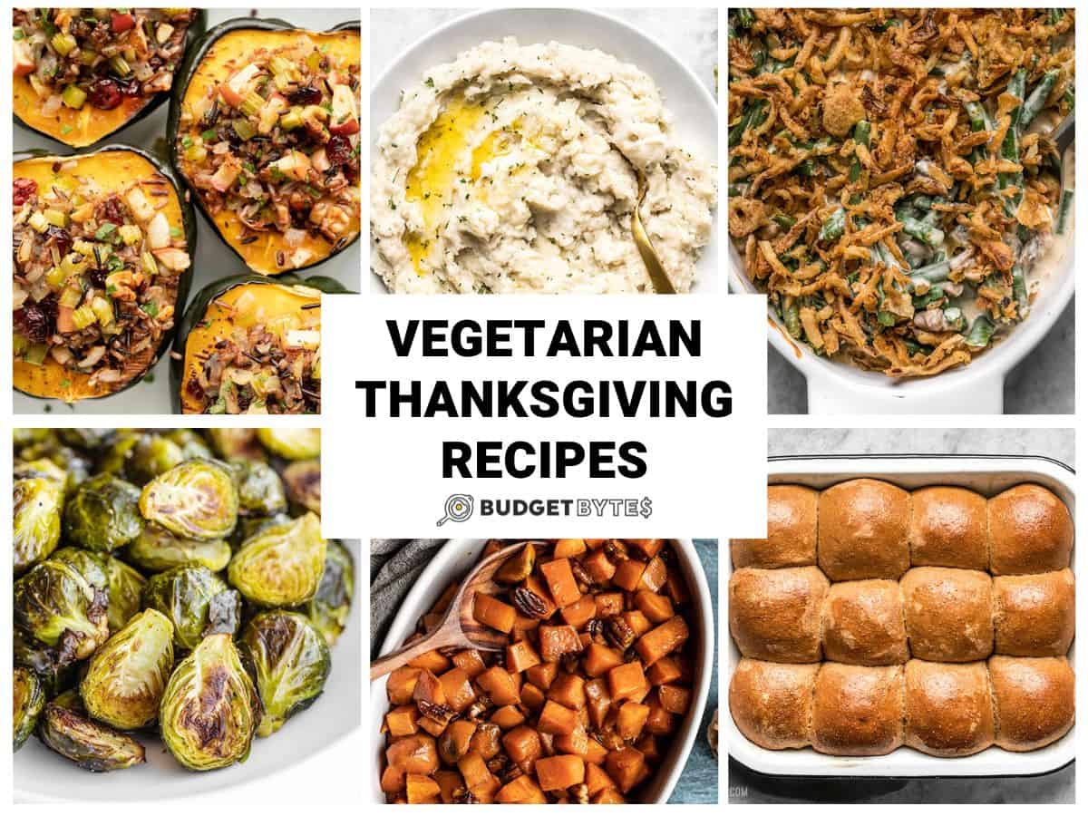 Collage of vegetarian Thanksgiving Recipes with title card in the center.