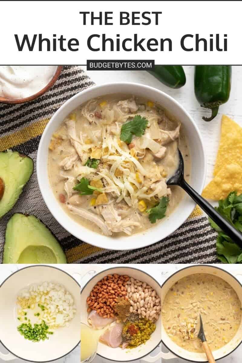 Collage of cooking photos of white chicken chili.