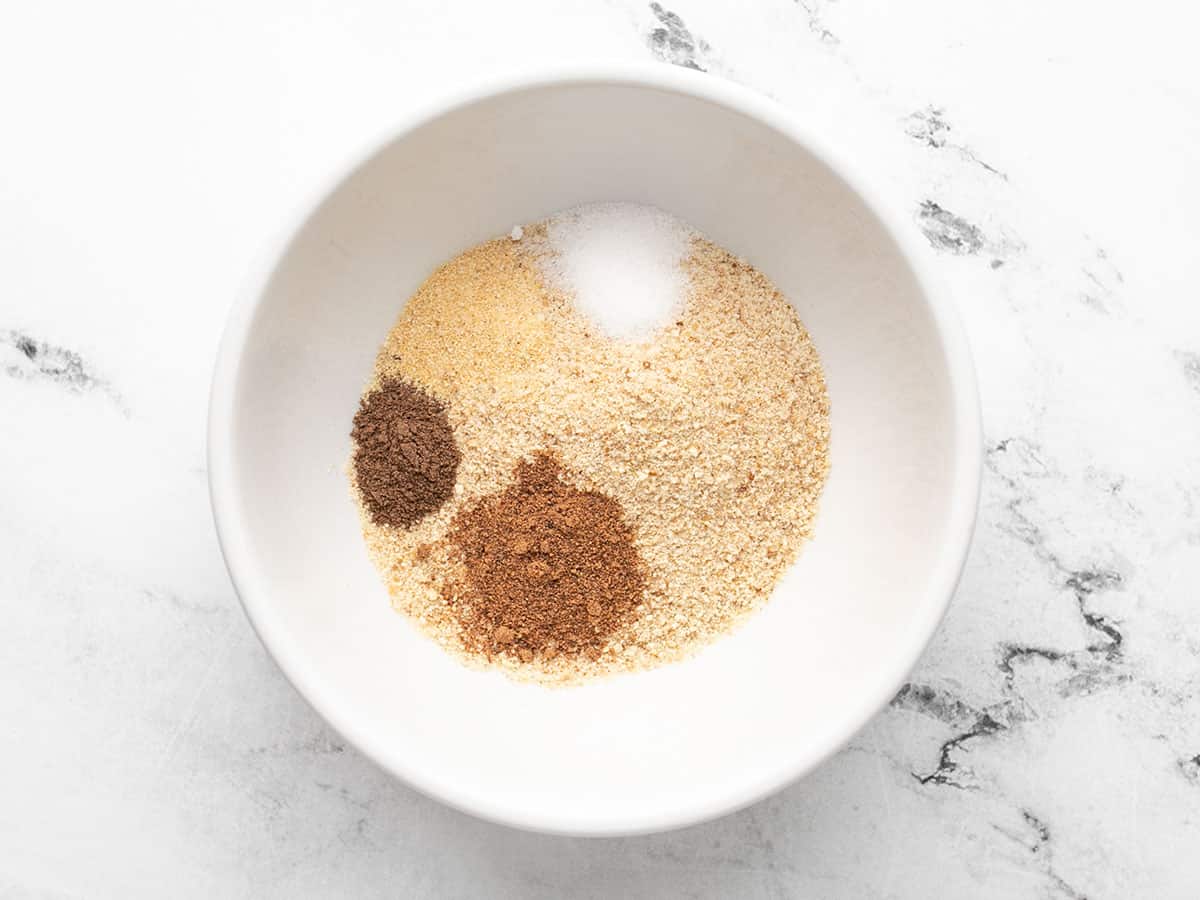 Breadcrumbs and spices in a bowl.