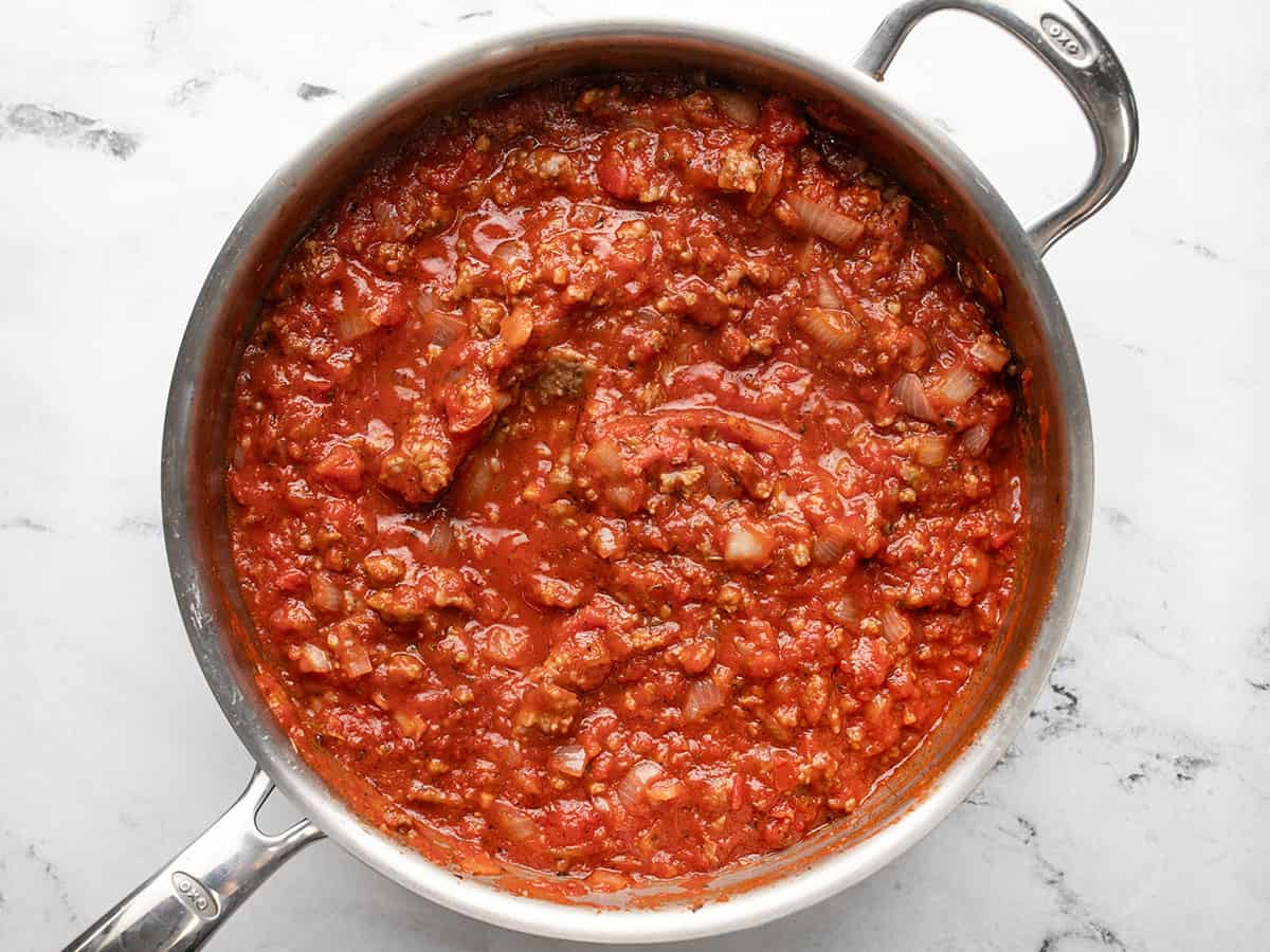 Finished meat sauce in the skillet.
