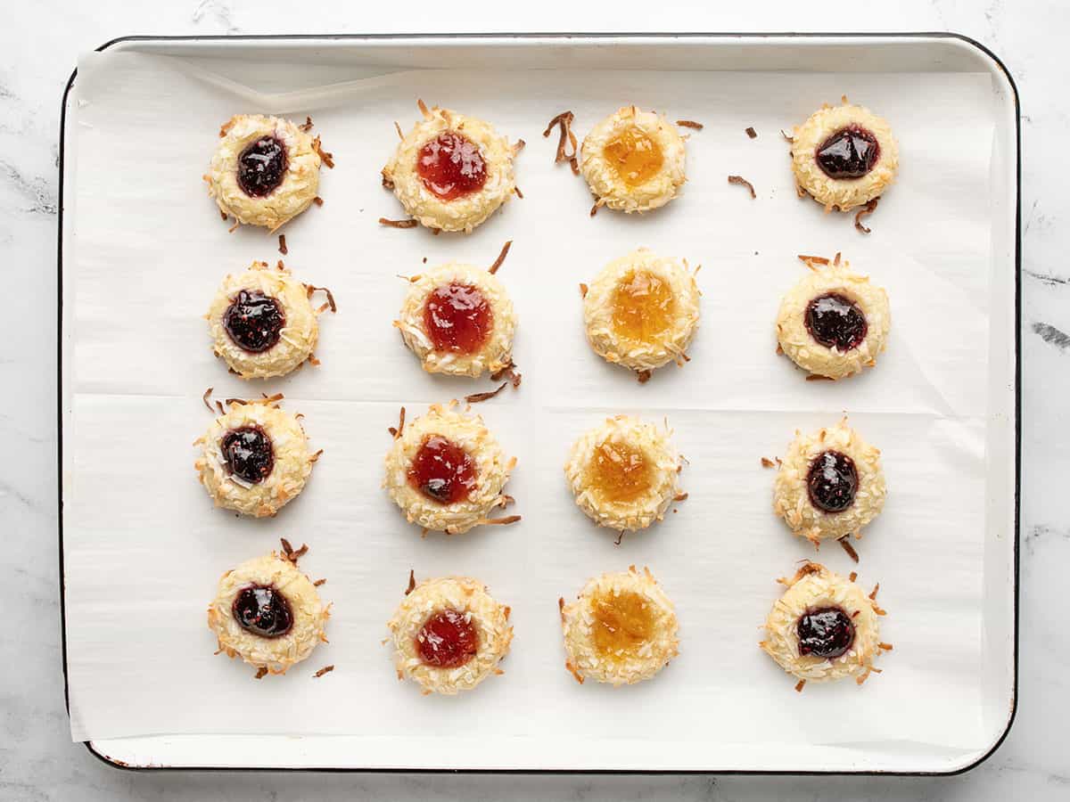 baked thumbprint cookies on the baking sheet.