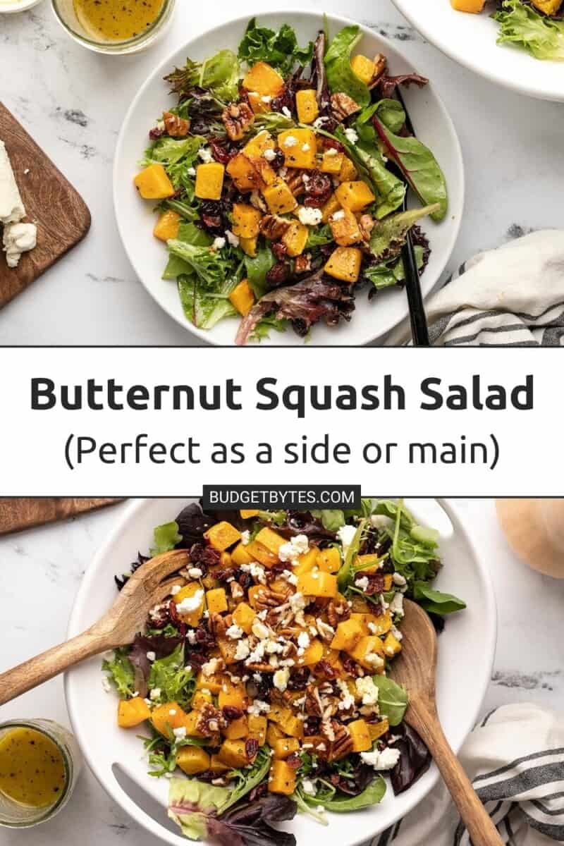 Two overhead shots of butternut squash salad with title in between.