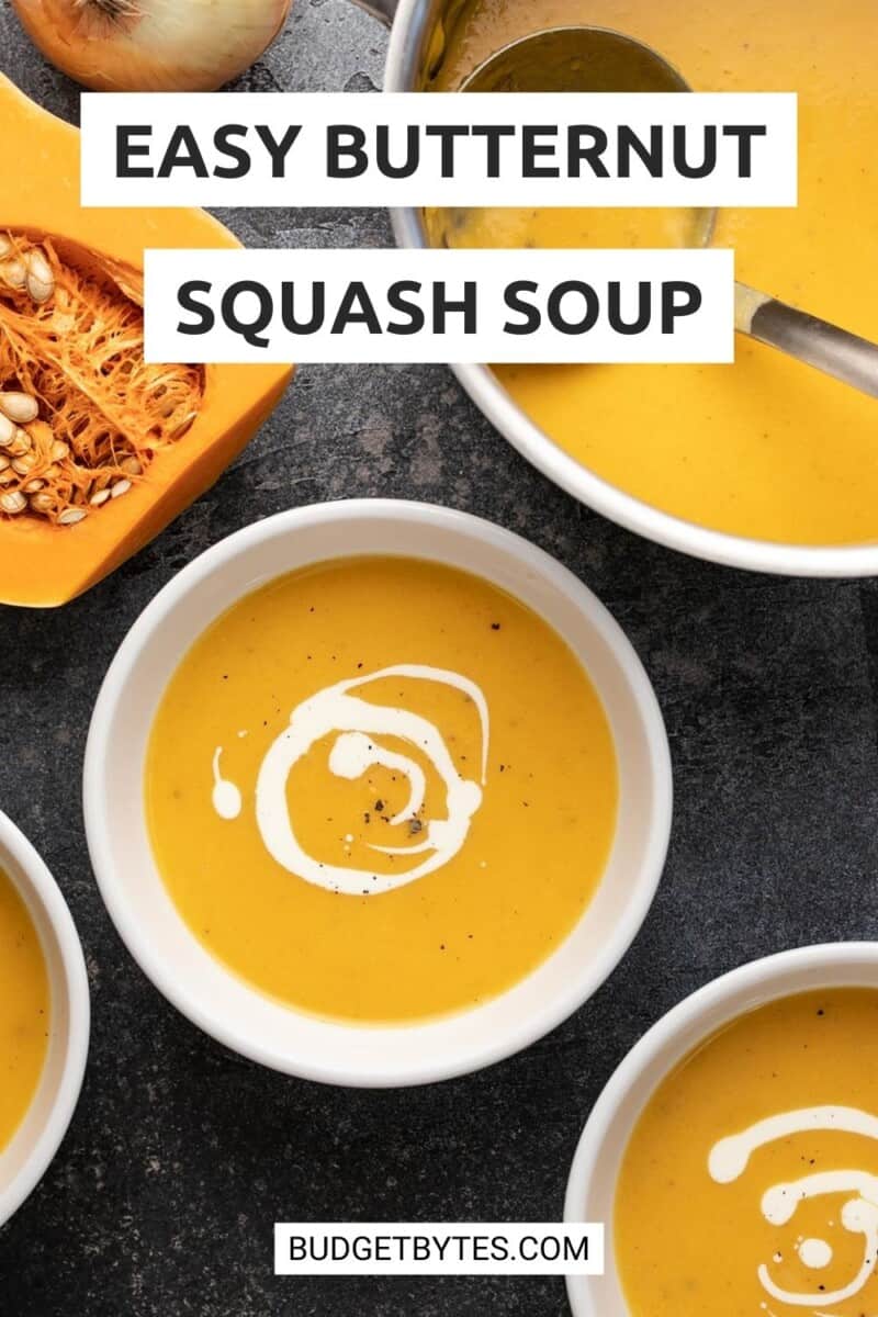 Overhead view of three bowls of butternut squash soup with title text overlay.