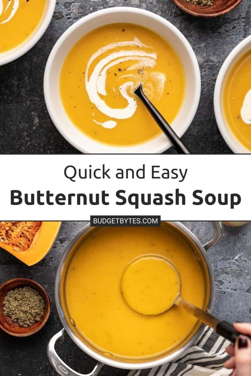 Two photos of butternut squash soup with title text overlay in the middle.