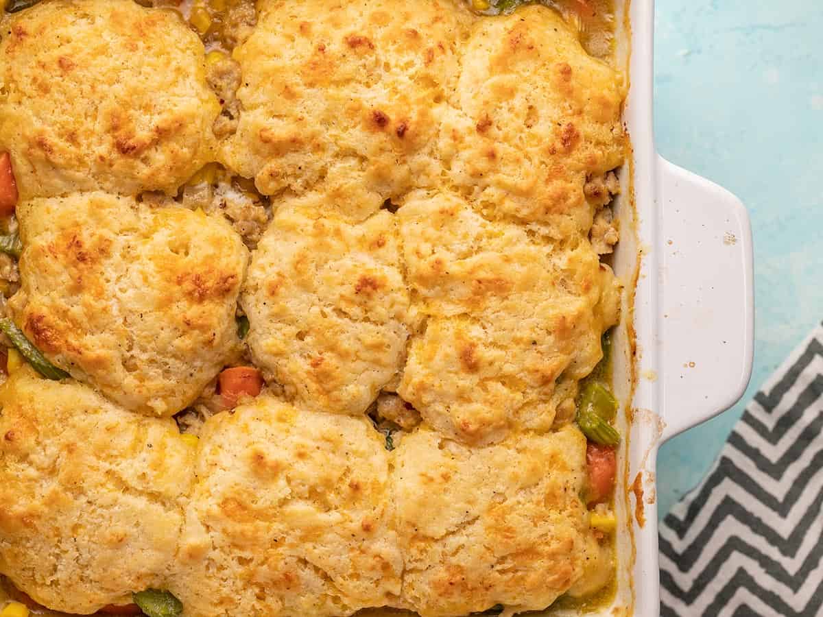 Close up image of baked chicken and biscuit casserole 