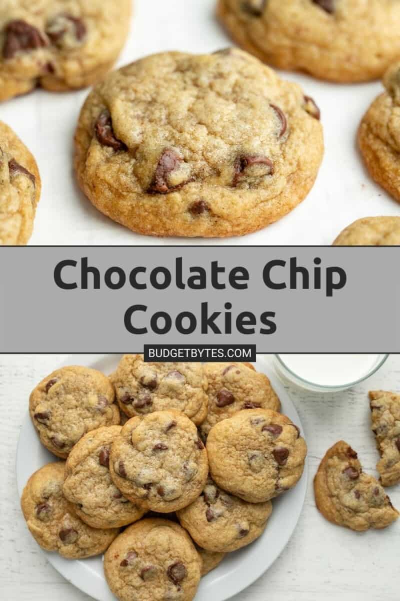 Two shot collage of chocolate chip cookies on a sheet pan and chocolate chip cookies on a plate with a glass of milk.