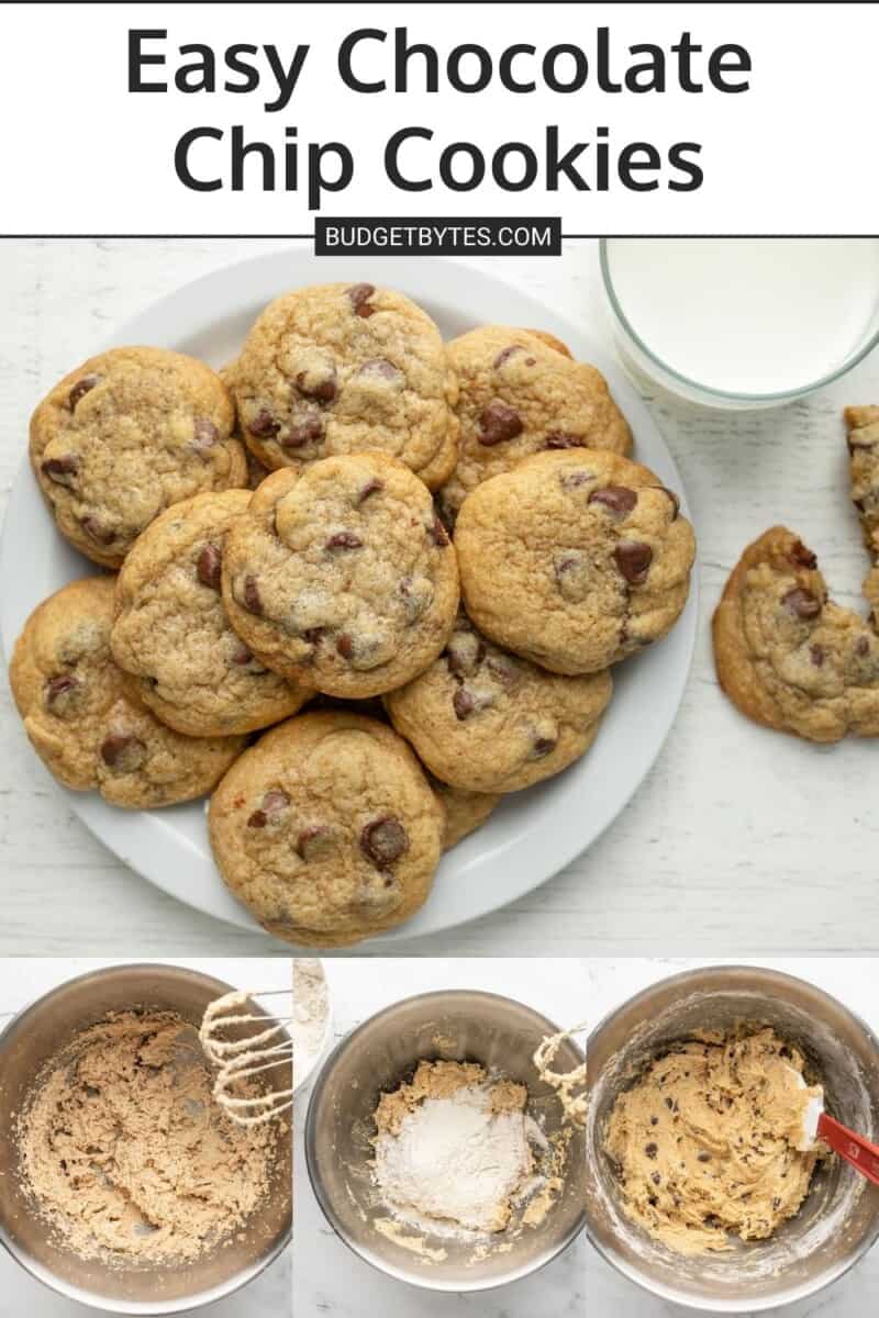 Four shot collage of chocolate chip cookies on a plate, and three shots beneath it of cookie dough being made.