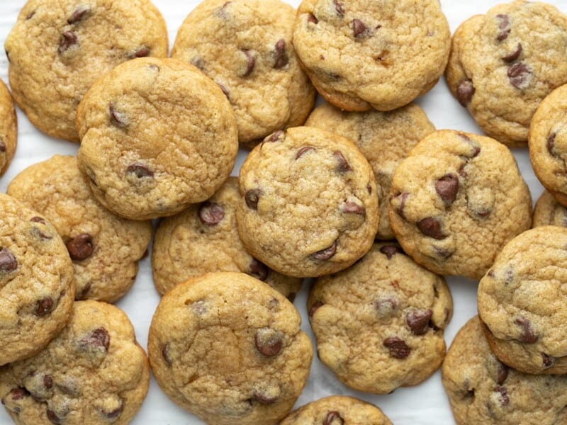 Overhead shot of chocolate chip cookies on a sheet pan.