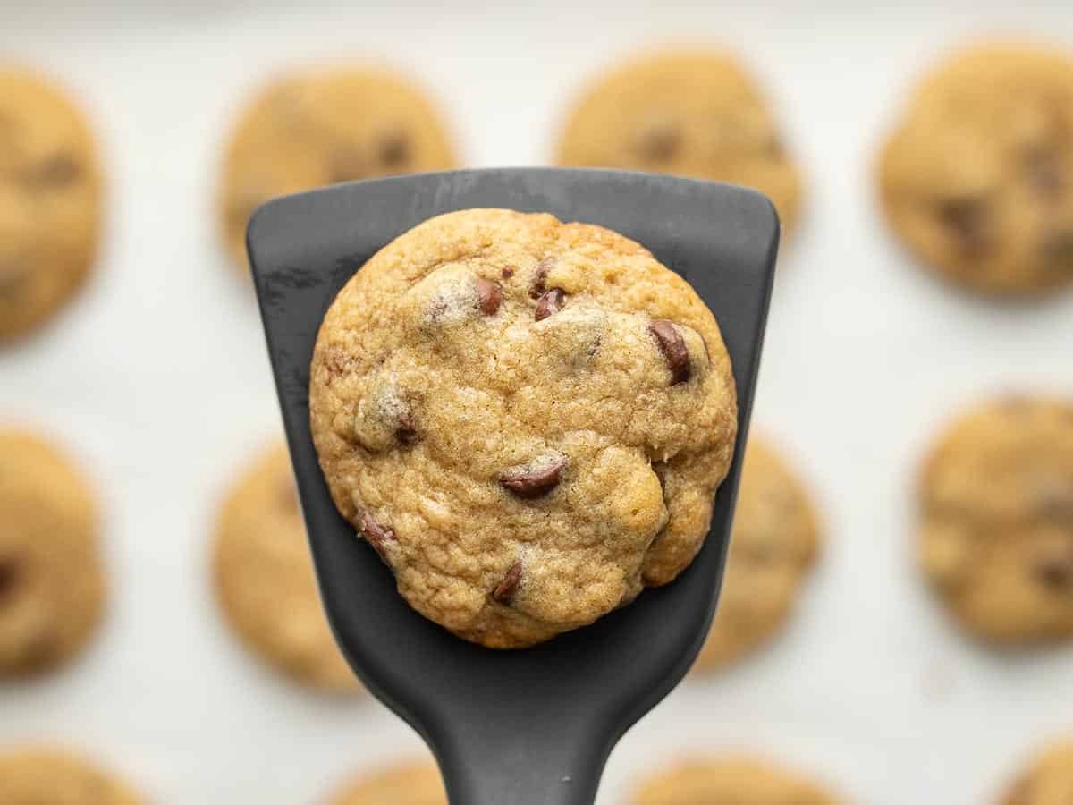 Overhead shot of a chocolate chip cookie on a black rubber spatula in the foreground with a sheet pan of chocolate chip cookies in the background.