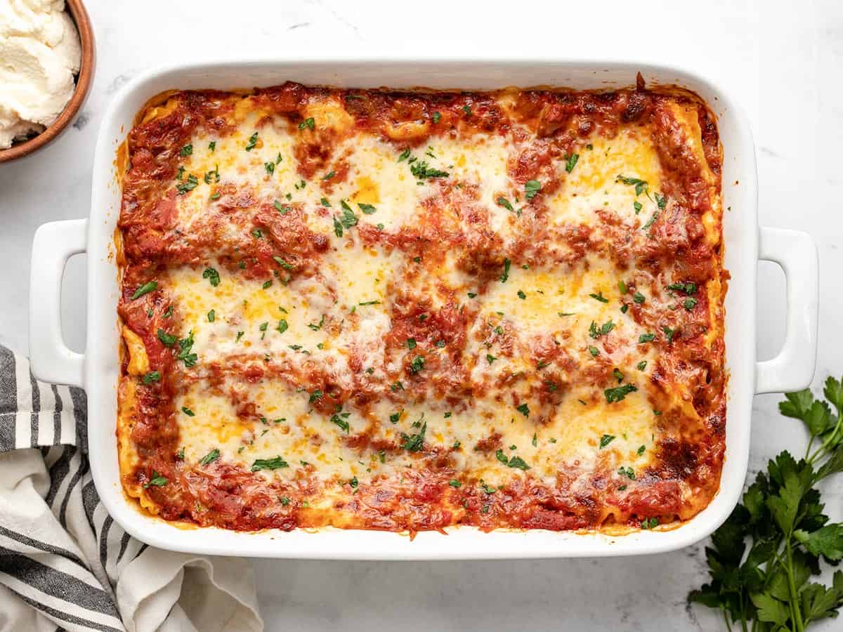 Overhead view of a full pan of lasagna. 