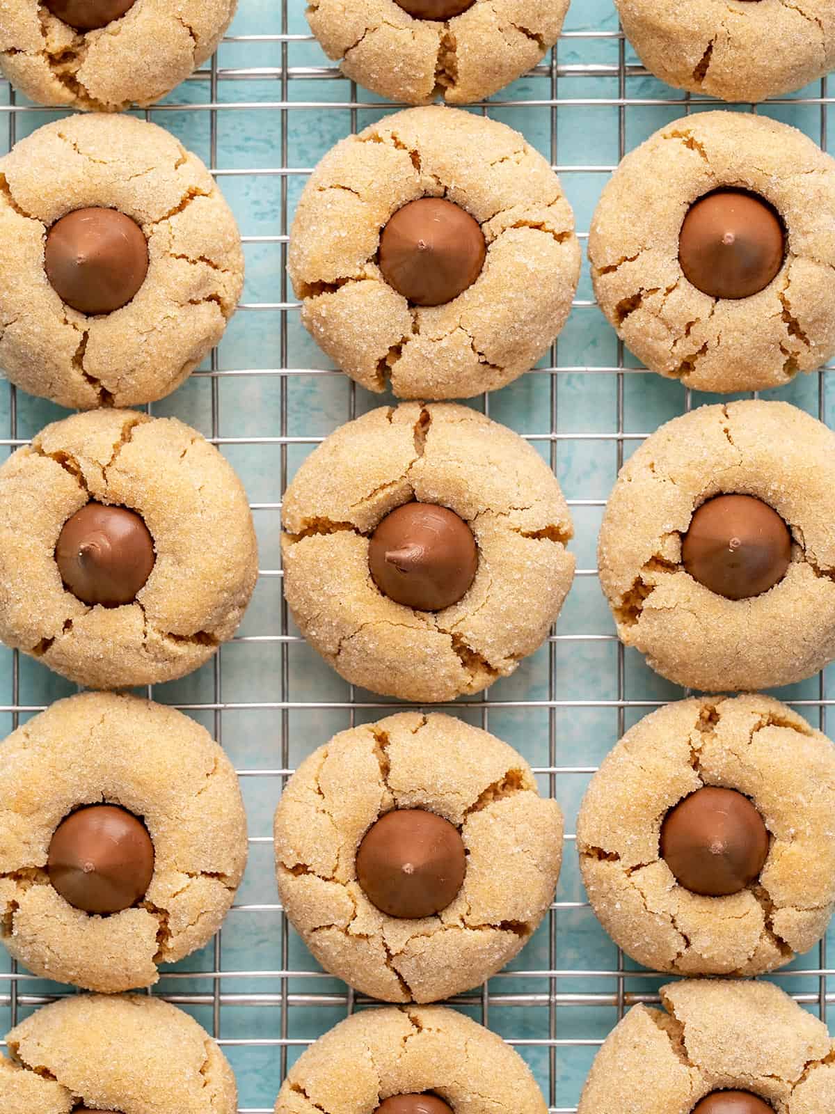 Overhead view of peanut butter blossom cookies on a wire cooling rack.