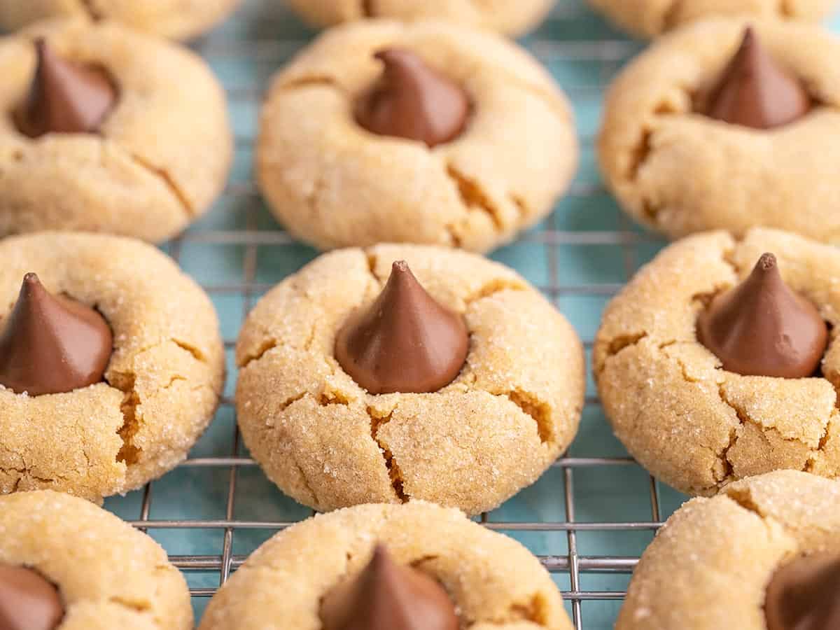 Side view of peanut butter blossoms lined up on a cooling rack.