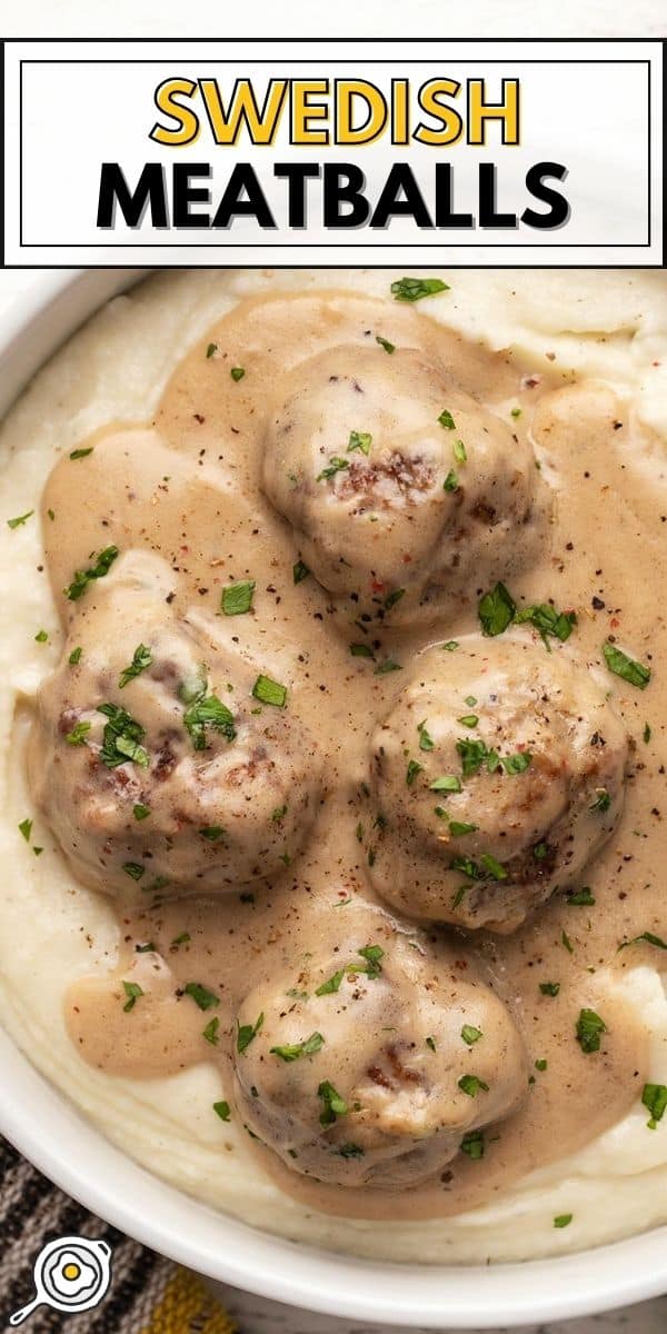 Close up overhead view of Swedish Meatballs on top of a bowl of mashed potatoes.
