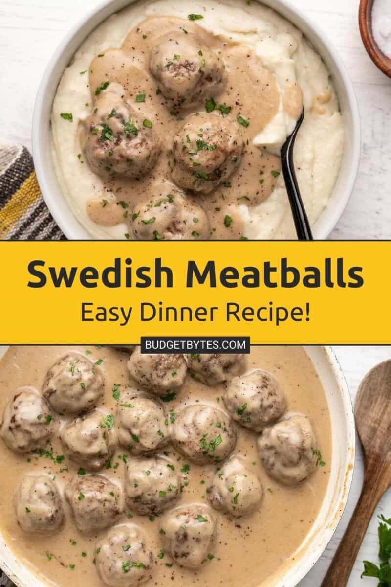 easy dinner recipe for swedish meatballs with two overhead shots of the finished recipe in the skillet and in a serving bowl