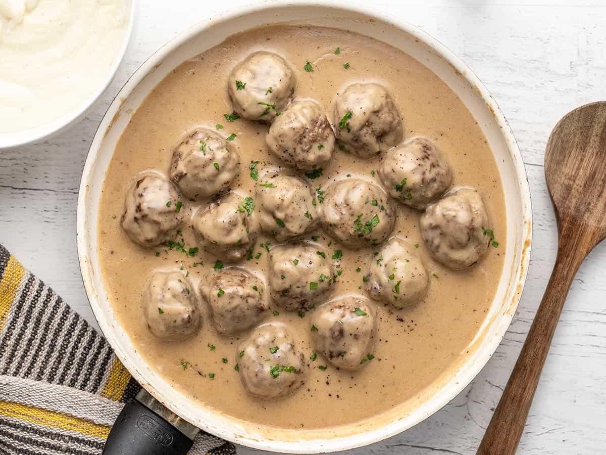 Overhead view of Swedish Meatballs in the skillet.