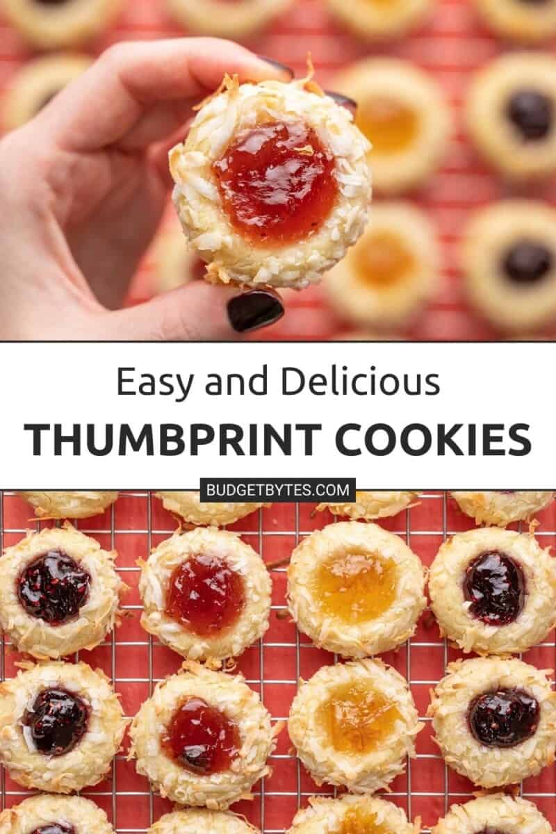 Collage of two images of jam thumbprint cookies.