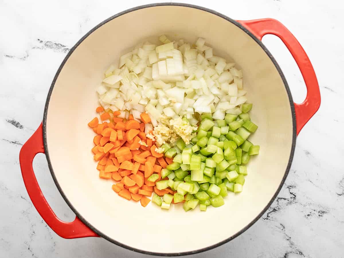 Diced vegetables in the soup pot. 