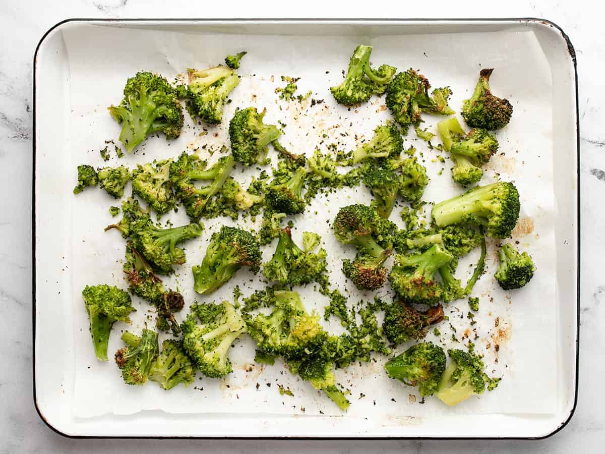 Roasted Broccoli on a sheet pan.