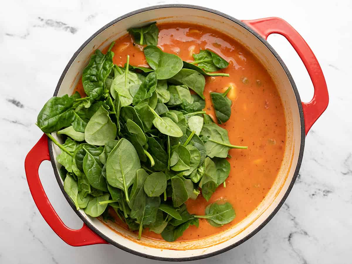 Fresh spinach added to the soup. 