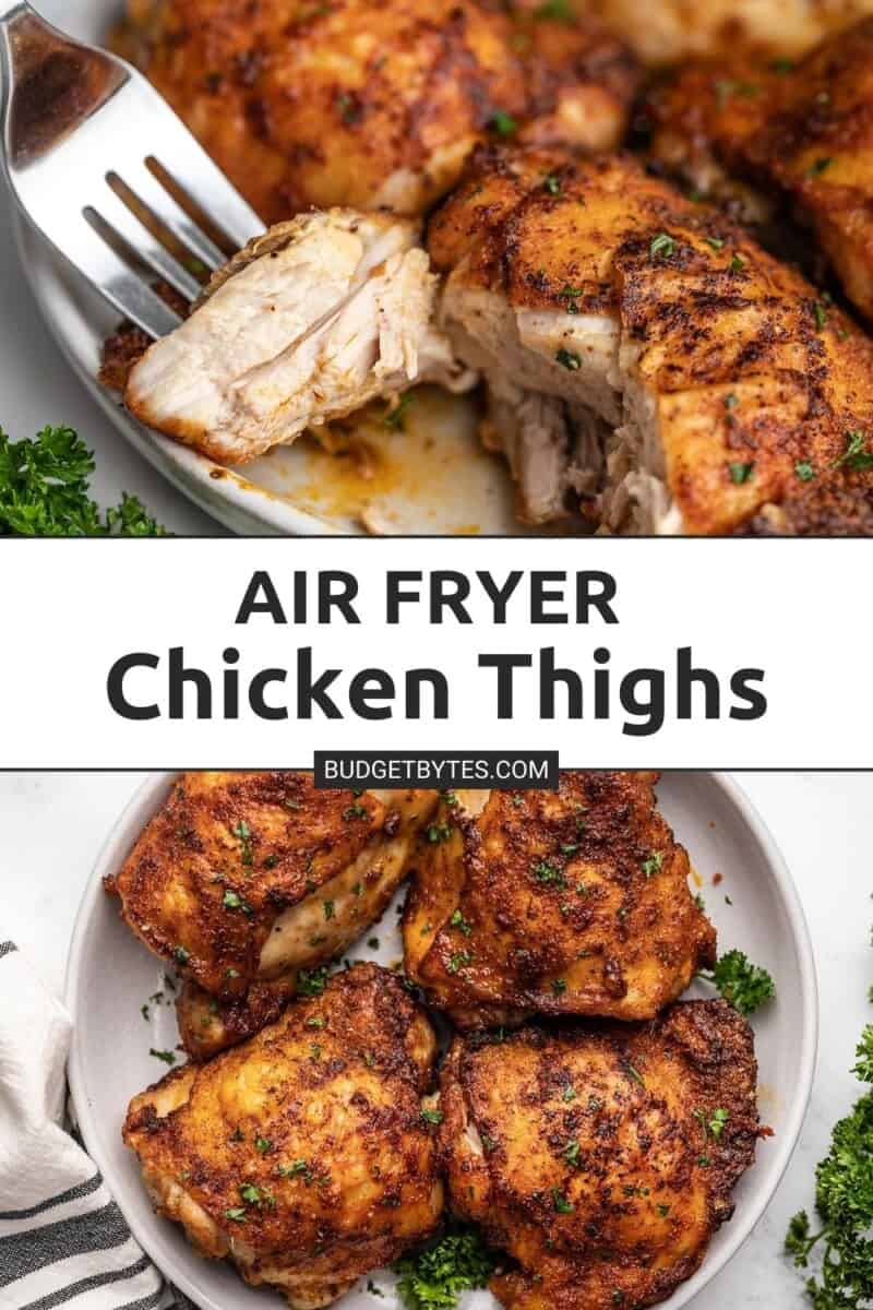 Collage of two photos of air fryer chicken thighs with title text in the middle.