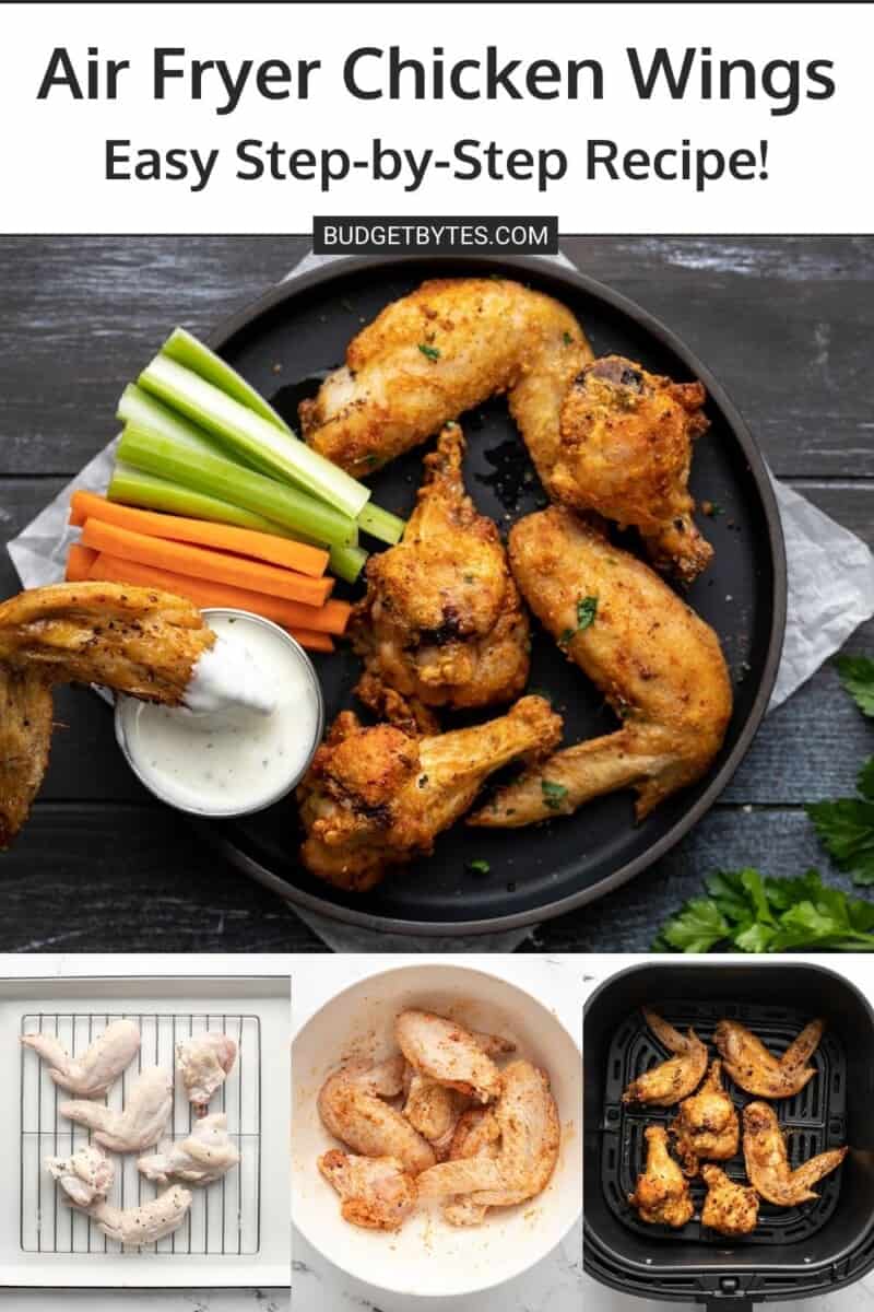 Overhead shot of air fryer chicken wings on a black plate with step by step photos of the cooking process underneath it.
