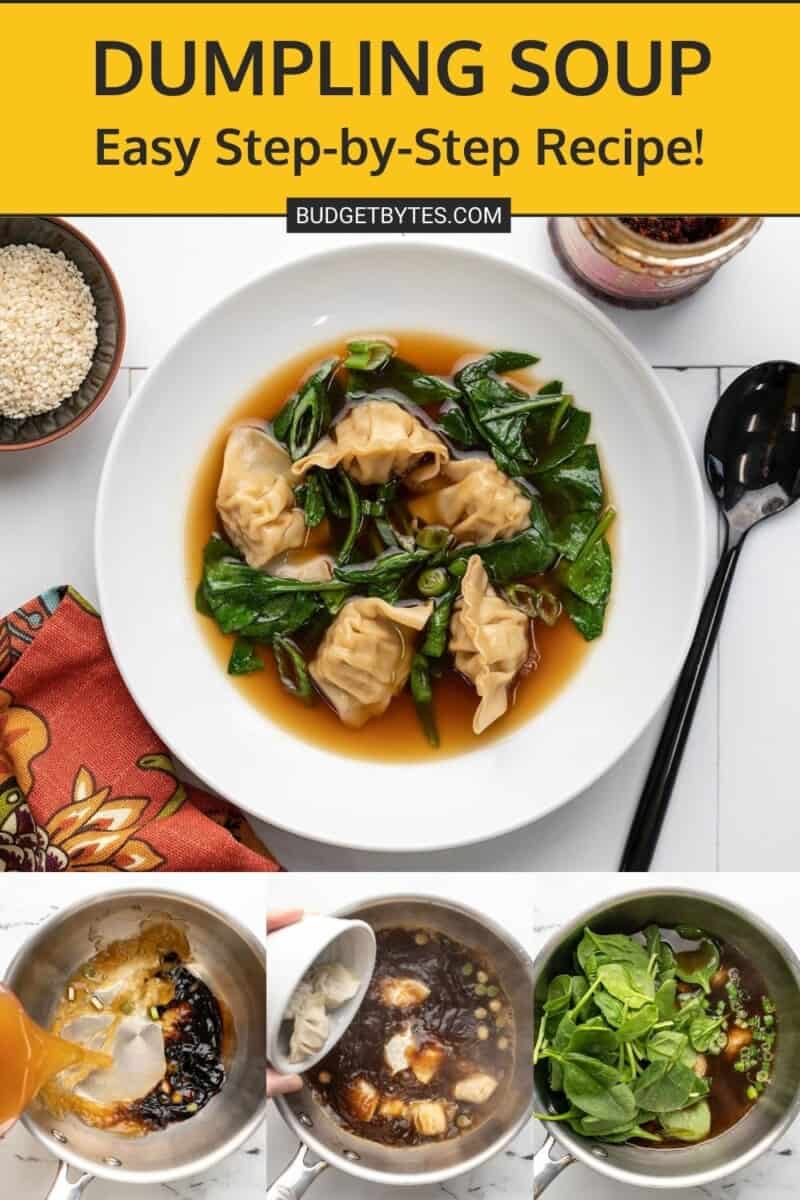 A large image of dumpling soup in a white serving bowl with a black spoon nearby and underneath three other images showing the step by step process of how to make the dumpling soup pictured above.