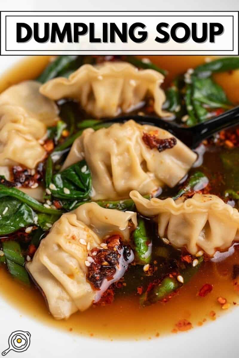 Close up side view of a bowl of dumpling soup.