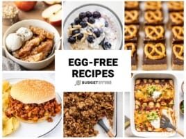 Collage of egg free recipe photos with title text in the center.