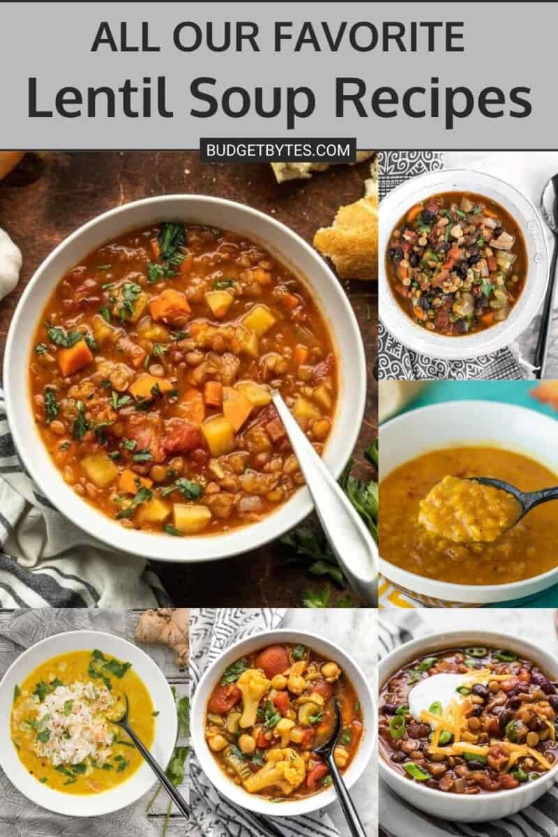 One large image of a lentil and vegetable soup surrounded by five smaller images of other lentil soups and stews.