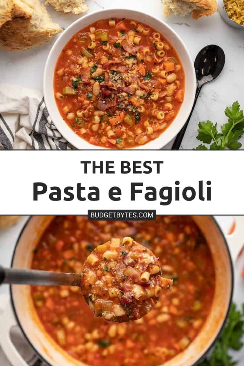 Two photos of pasta e fagioli soup: the top image of the soup is in a serving bowl surrounded by props, and the bottom image is a close up of a ladel