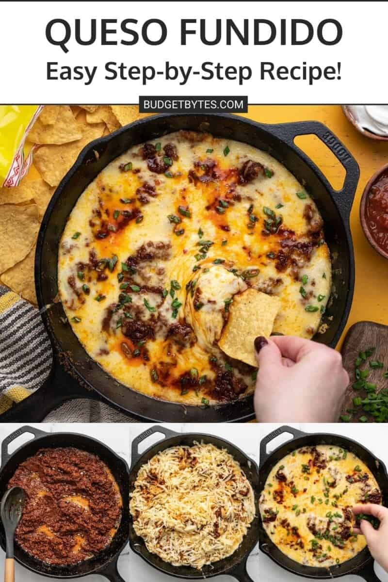 Overhead shot of Queso Fundido in a cast iron pan with a hand dipping a chip into it, with three process shots underneath it.
