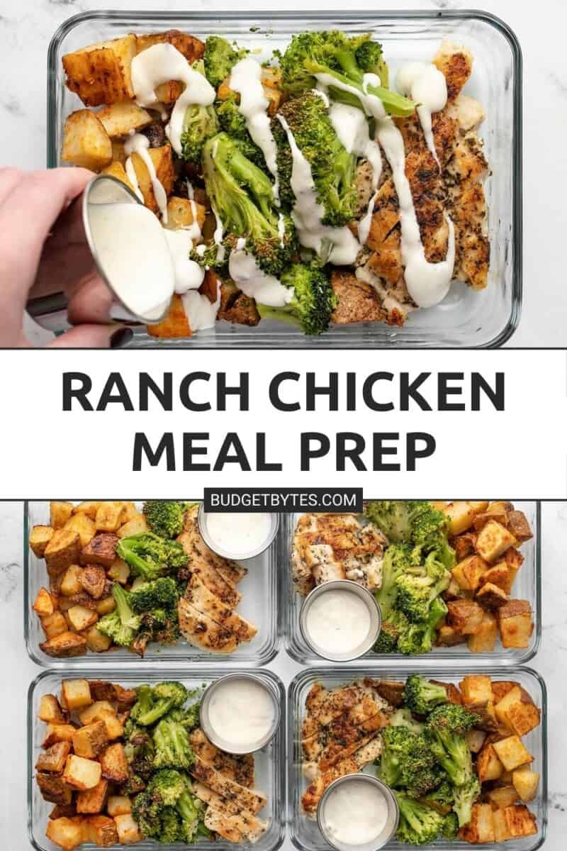 Ortada başlık metni bulunan Ranch Chicken Meal Prep görüntülerinin kolajı.