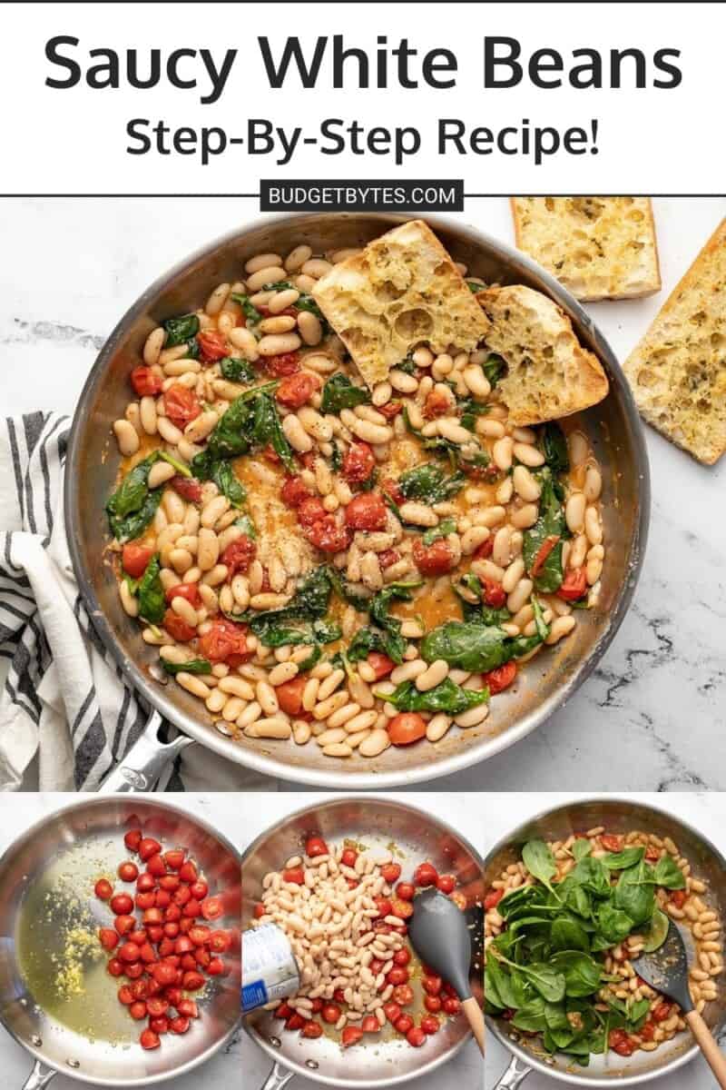 Collage of images of saucy white beans being made.