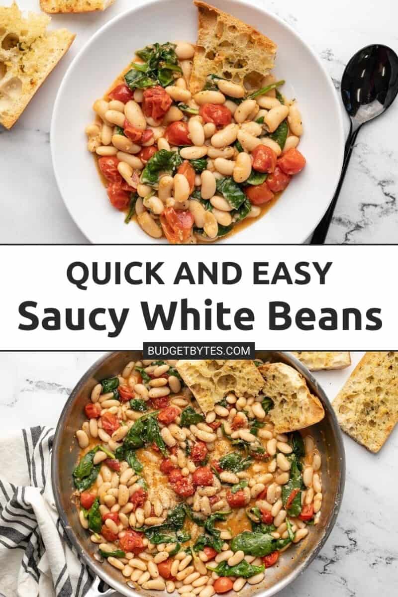Collage of images of saucy white beans with spinach.