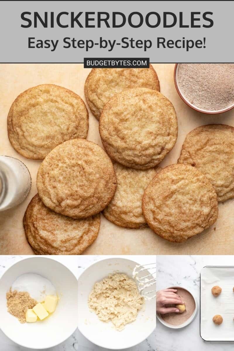 Collage consisting of an overhead shot of snickerdoodles with process shots underneath it.