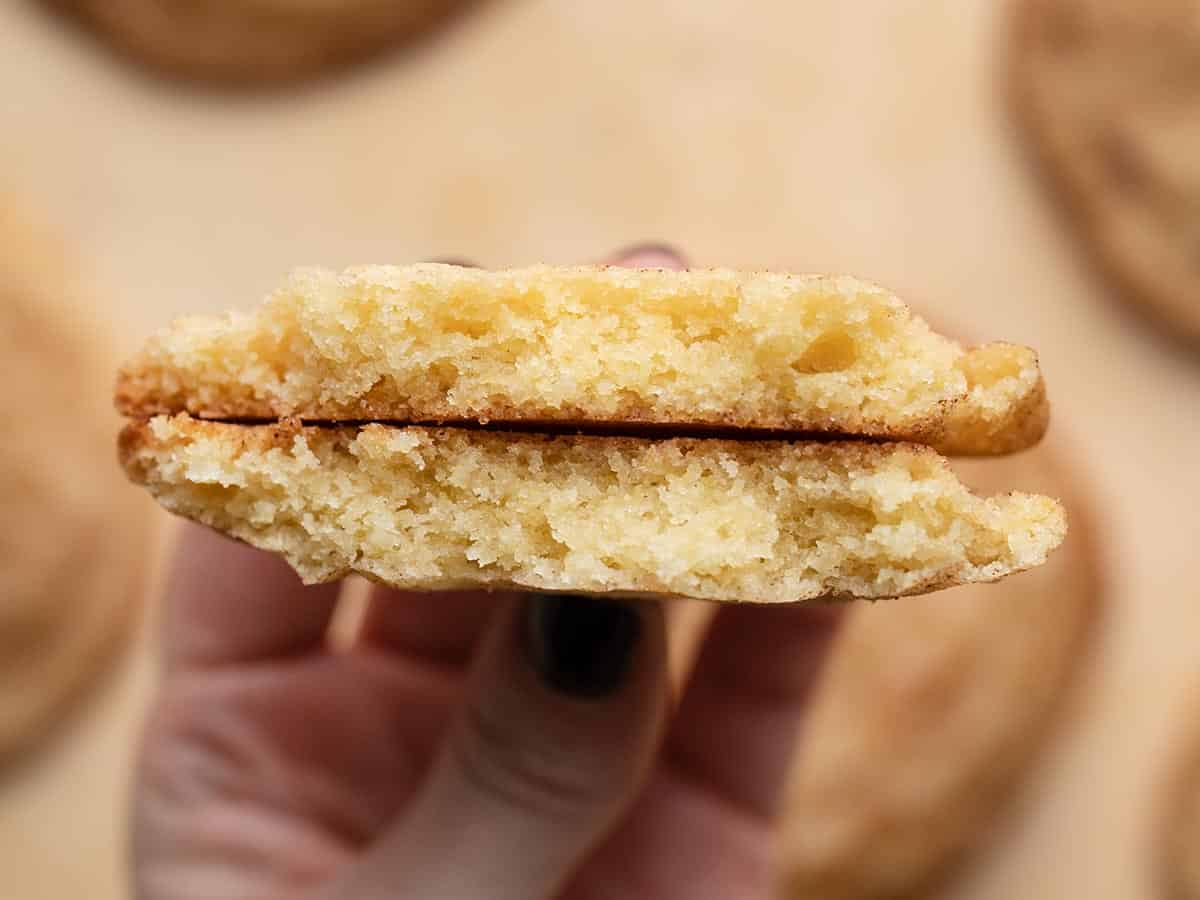 İki snickerdoodle kurabiye yarısını tutan ve içindeki kırıntıyı gösteren bir elin üstten çekimi.