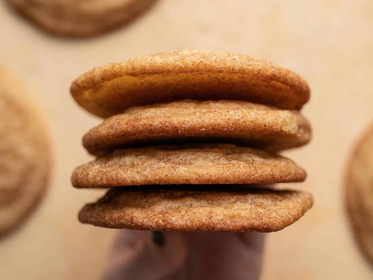 Overhead shot of a hand holding a stack of snickerdoodle cookies.