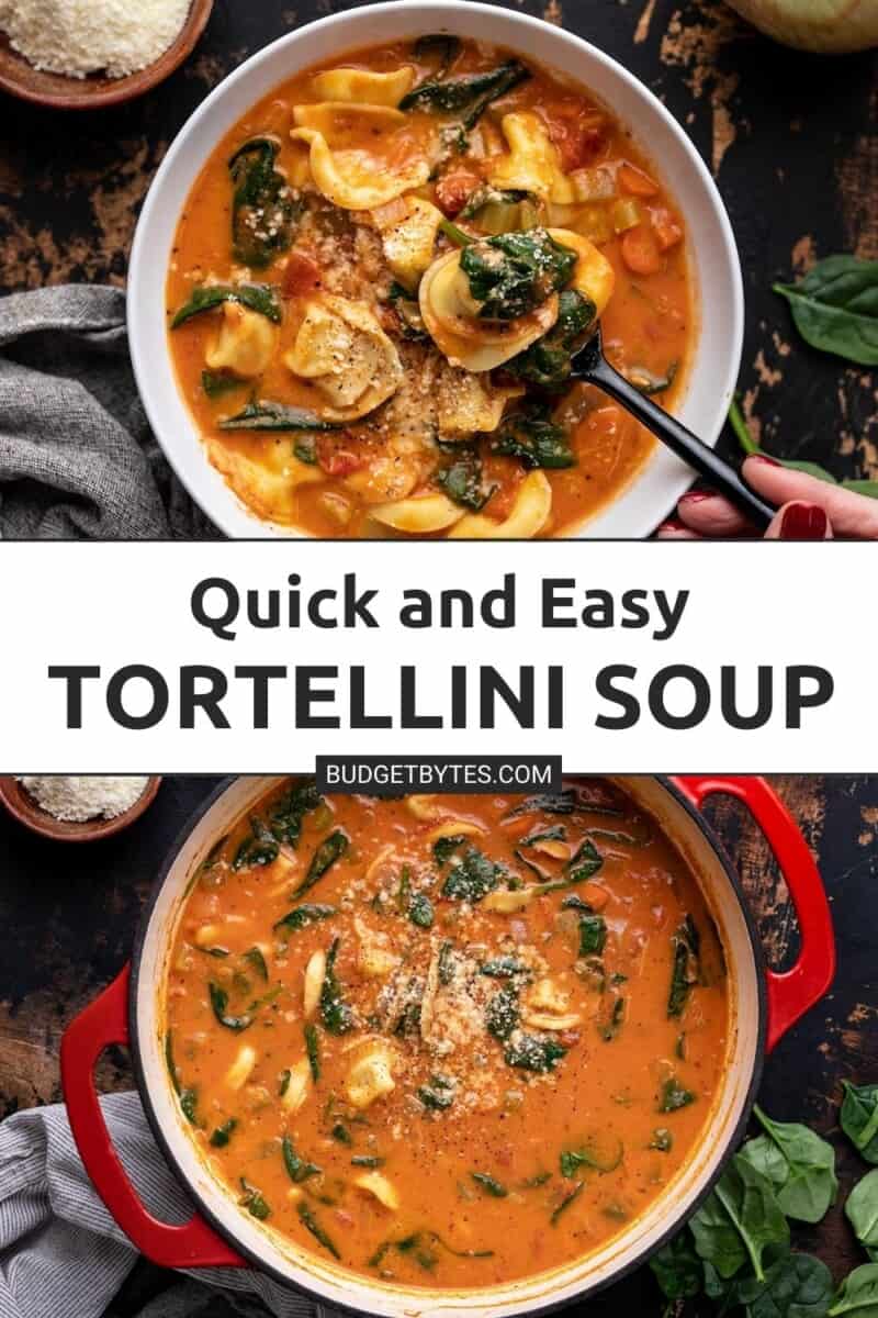Collage of two images of creamy tortellini soup with title text in the center.