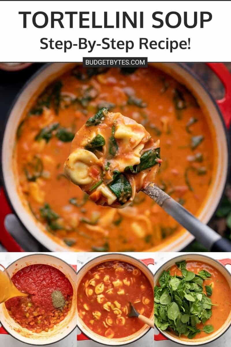 Collage of four process shots of creamy tortellini soup.