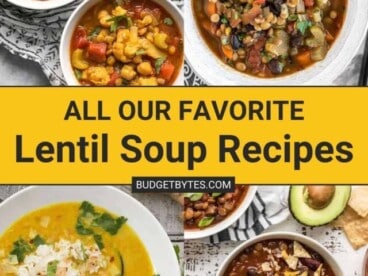 A vertical collage of four lentil soups with text in the center in black lettering with a yellow background
