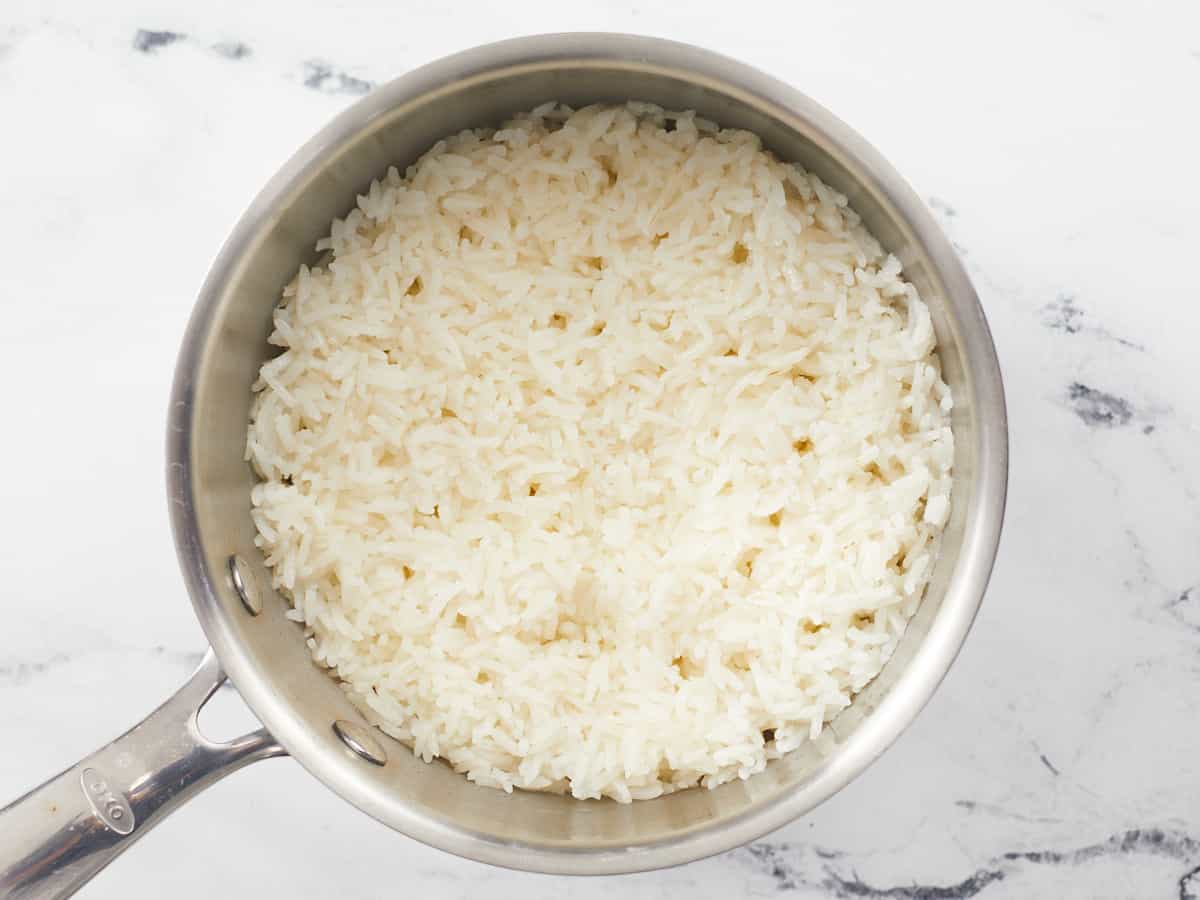 Overhead shot of rice in a pot.