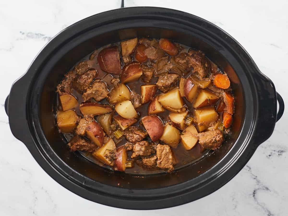 Cooked beef stew in the slow cooker.