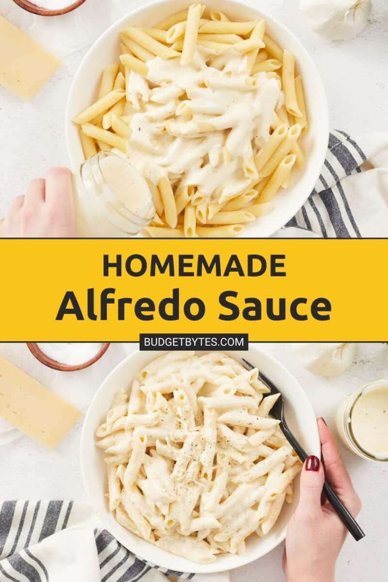 Two images of homemade alfredo sauce above and below a yellow text box with black text that says 