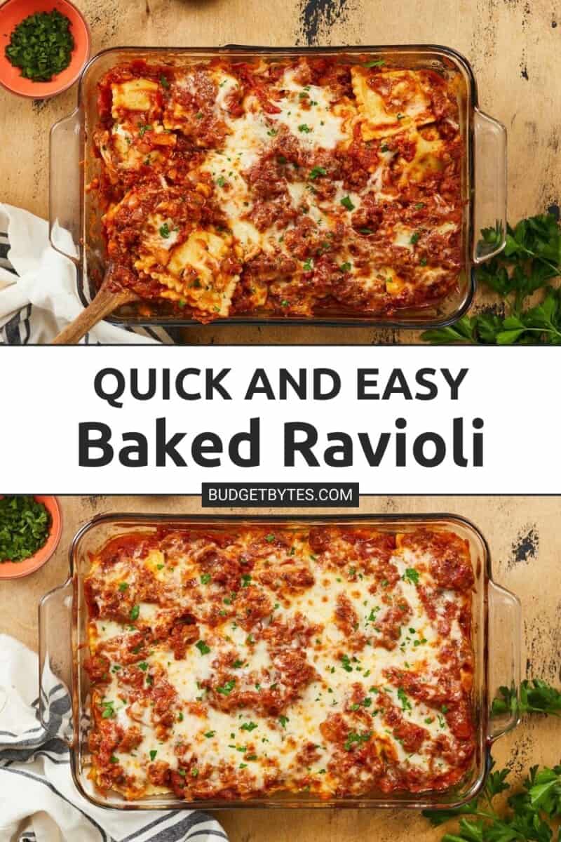 Collage of two images of baked ravioli with title text in the center.