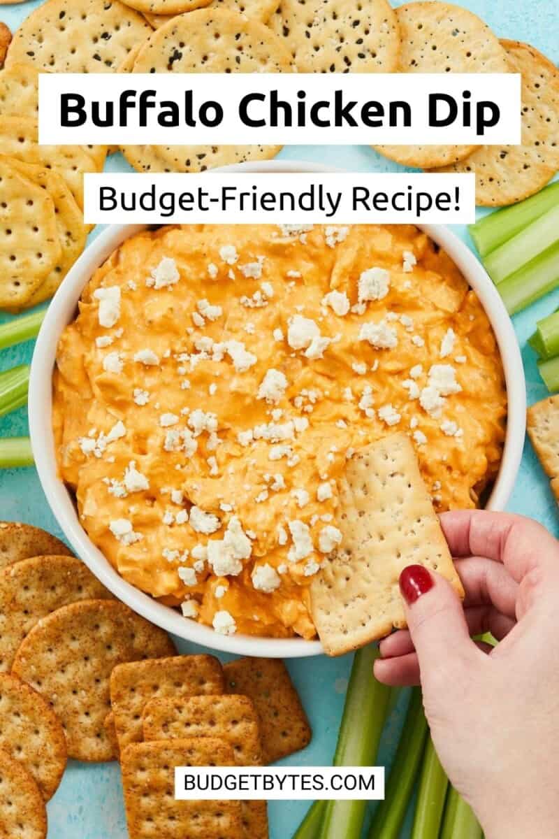 Overhead view of a cracker dipping into a bowl of buffalo chicken dip.