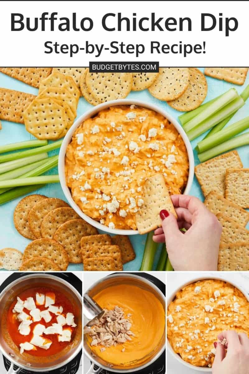 Collage of images of buffalo chicken dip with title text at the top.