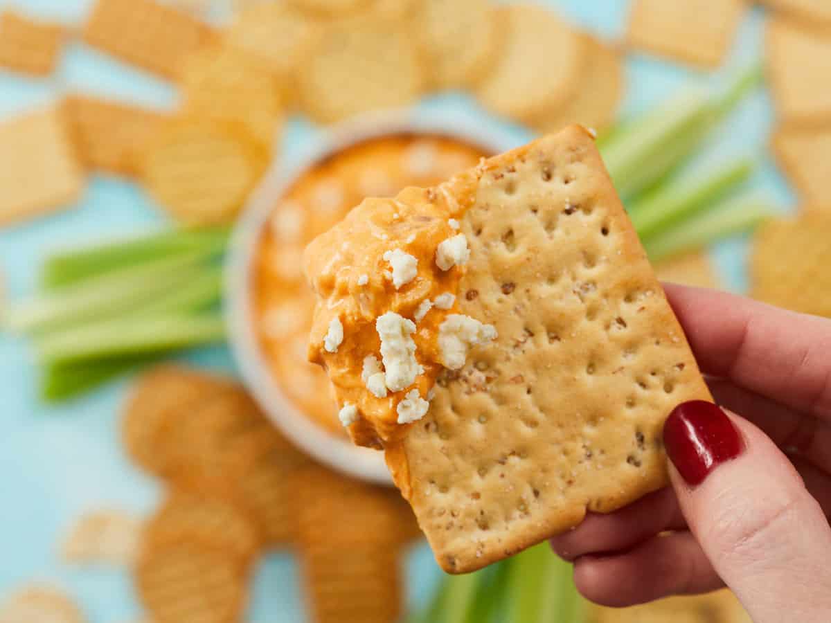 Close up of buffalo chicken dip on a cracker.